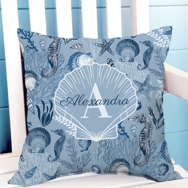 Coastal Monogram Blue Ocean Sea Life Throw Pillow (Creator Uploaded)