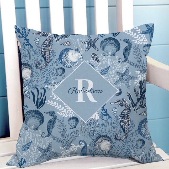 Coastal Monogram Blue Ocean Sea Life Throw Pillow (Creator Uploaded)