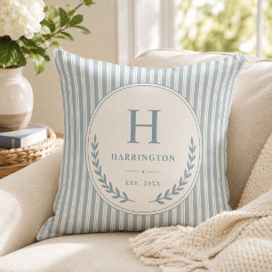 Coastal Monogram Family Heirloom Ticking Stripes Throw Pillow