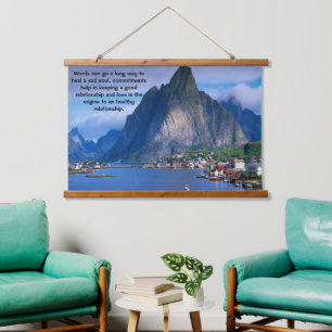 Coastal mountain view with a calm blue sea hanging tapestry