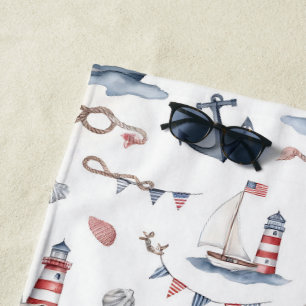 Coastal Nautical 4th of July Sailboats Lighthouse Beach Towel