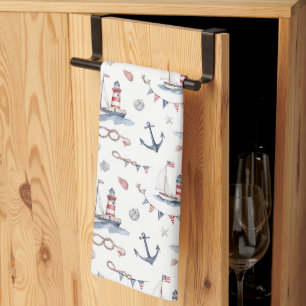 Coastal Nautical 4th of July Sailboats Lighthouse Kitchen Towel