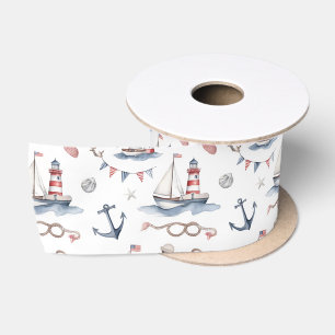 Coastal Nautical 4th of July Sailboats Lighthouse  Satin Ribbon