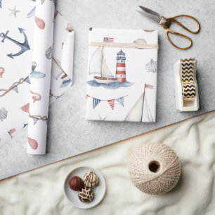 Coastal Nautical 4th of July Sailboats Lighthouse Wrapping Paper