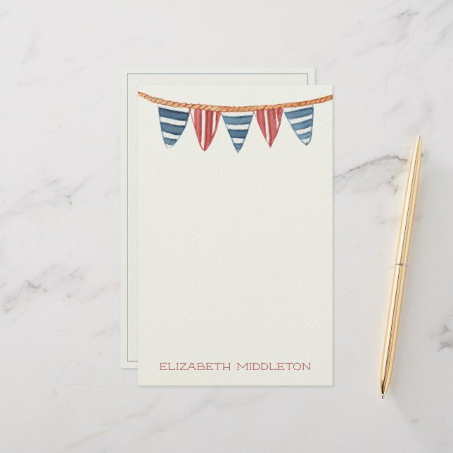 Coastal Nautical Beach Flags Personalized Stationery (Front/Back In Situ)