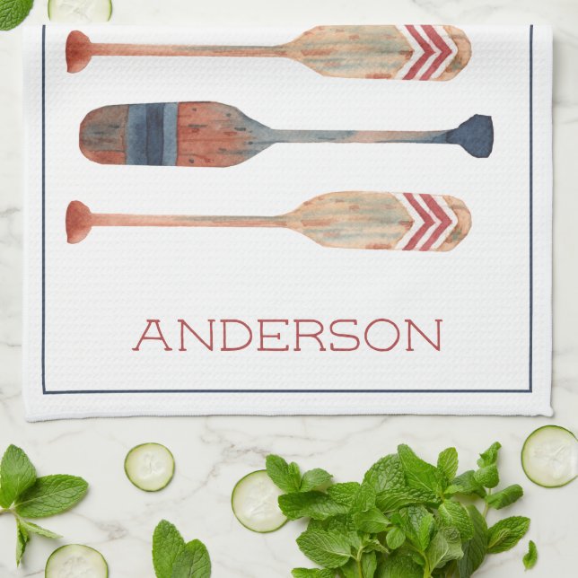 Coastal Nautical Beach Oars Personalized Kitchen Towel (Folded)