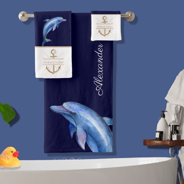 Coastal Nautical Blue Dolphin Watercolor Monogram  Bath Towel Set (Creator Uploaded)