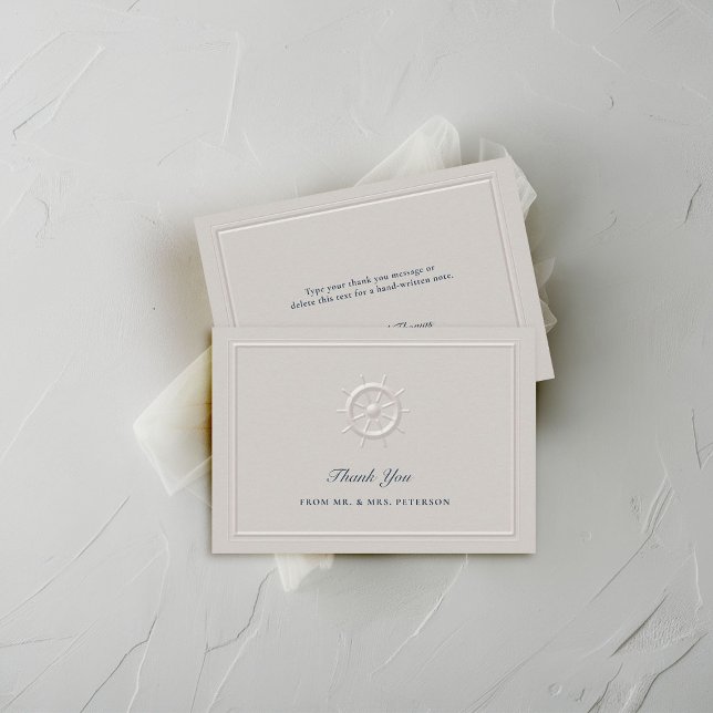Coastal Nautical Boat Helm Elegant Simple Wedding Thank You Card (coastal wedding thank you card faux embossed nautical boat helm double frame modern classic elegant)