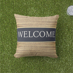 Coastal Nautical Navy Blue Rope Beach Lake Welcome Outdoor Pillow