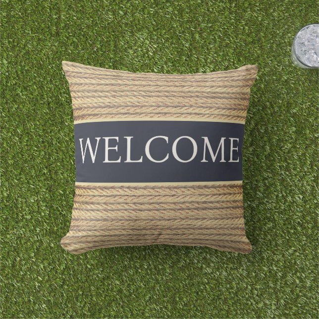 Coastal Nautical Navy Blue Rope Beach Lake Welcome Outdoor Pillow (Grass)