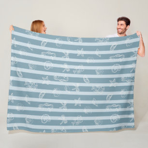 Coastal Nautical Pattern Blue Sea Shell & Seahor Fleece Blanket