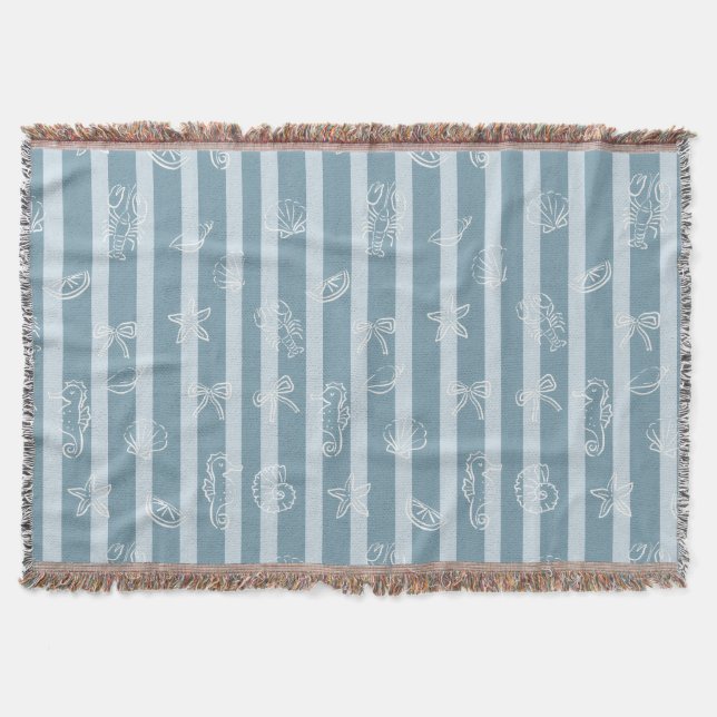 Coastal Nautical Pattern | Blue Sea Shell & Seahor Throw Blanket (Front)