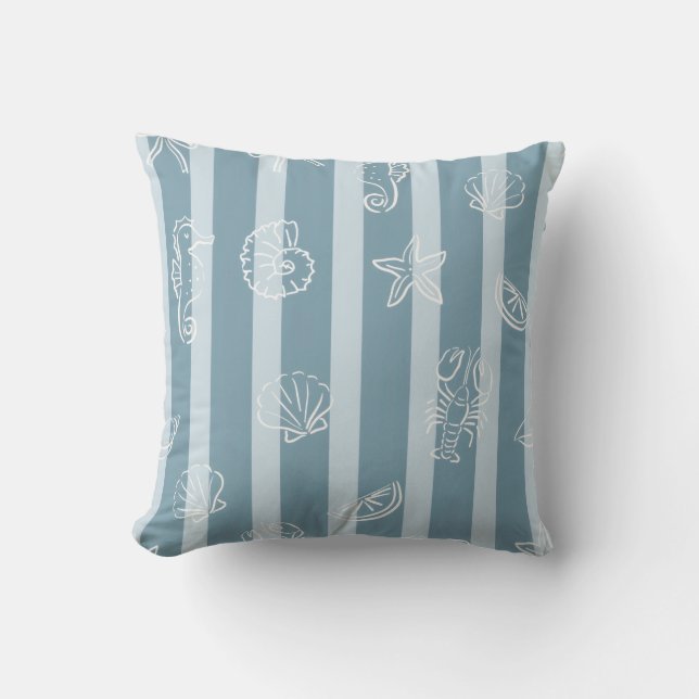 Coastal Nautical Pattern | Blue Sea Shell & Seahor Throw Pillow (Front)