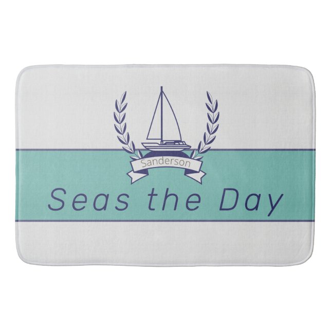Coastal Nautical Sailboat Teal Blue Navy Summer  Bath Mat (Front)