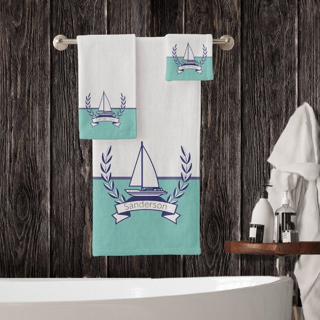 Coastal Nautical Sailboat Teal Blue Navy Summer Bath Towel Set (Creator Uploaded)