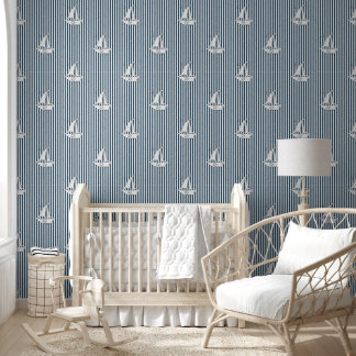 Coastal Nautical Sailboats on Preppy Blue Stripes Wallpaper