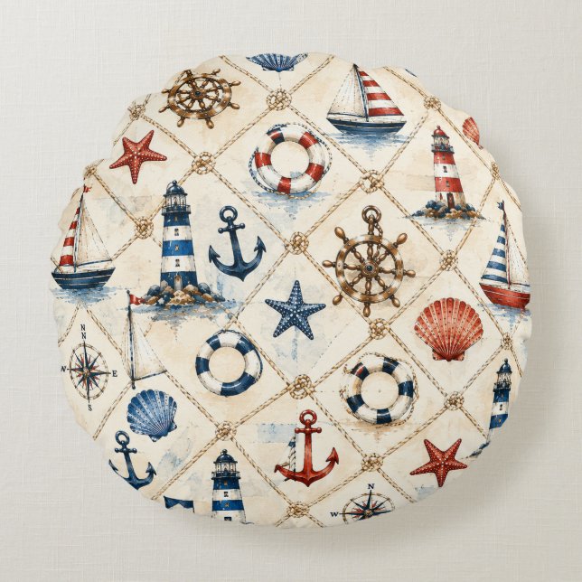 Coastal Nautical Seamless Pattern Round Pillow (Front)