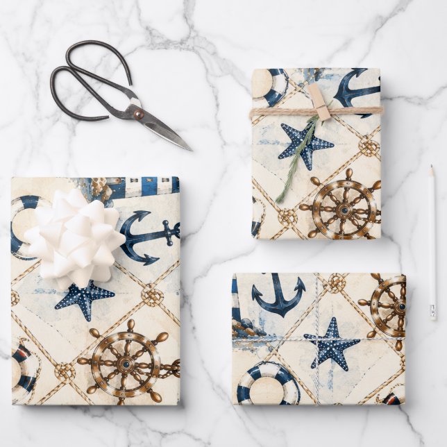 Coastal Nautical Seamless Pattern Wrapping Paper Sheet (Front)