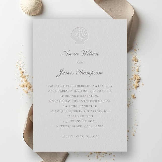 Coastal Nautical Seashell Formal Classic Wedding Invitation (nautical coastal wedding invitation modern classic formal traditional elegant shell medium ivory)