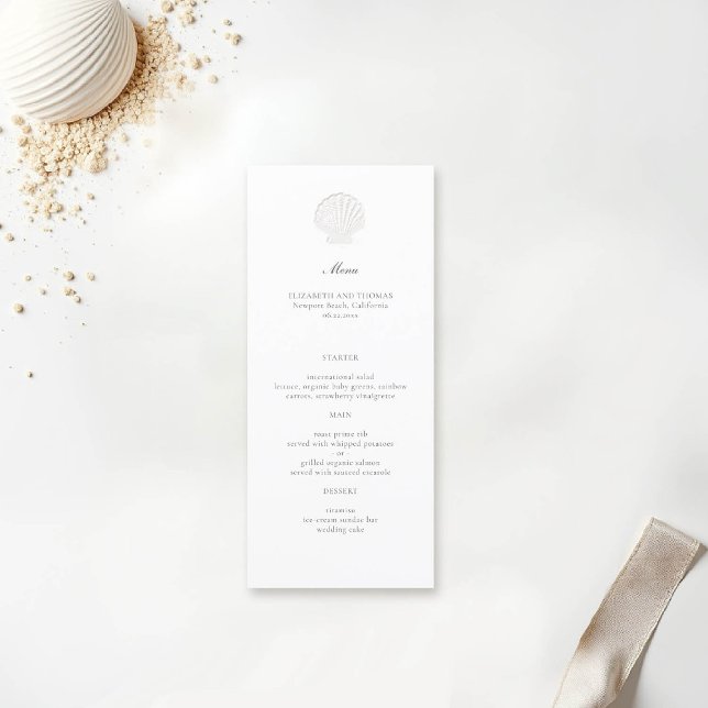 Coastal Nautical Shell Pure Classic Formal Wedding Menu (nautical wedding menu coastal modern classic formal traditional elegant shell)
