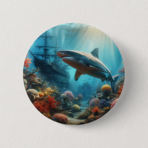 Coastal/nautical tiger shark & coral reef 2 inch round button