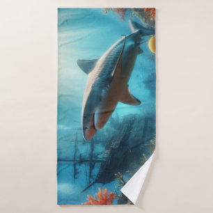Coastal/nautical tiger shark & coral reef bath towel
