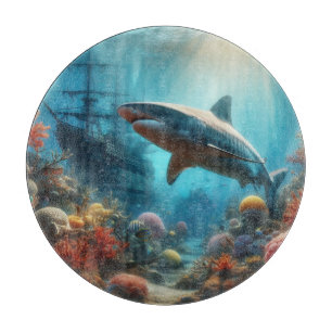 Coastal/nautical tiger shark & coral reef cutting board