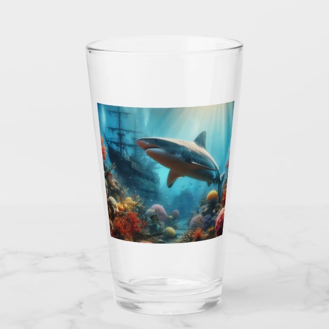 Coastal/nautical tiger shark & coral reef glass (Front)