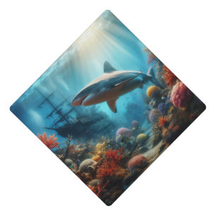 Coastal/nautical tiger shark & coral reef graduation cap topper