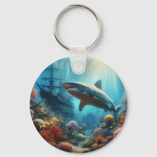 Coastal/nautical tiger shark & coral reef keychain
