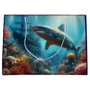 Coastal/nautical tiger shark & coral reef large gift bag