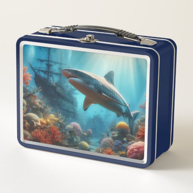 Coastal/nautical tiger shark & coral reef metal lunch box (Front)