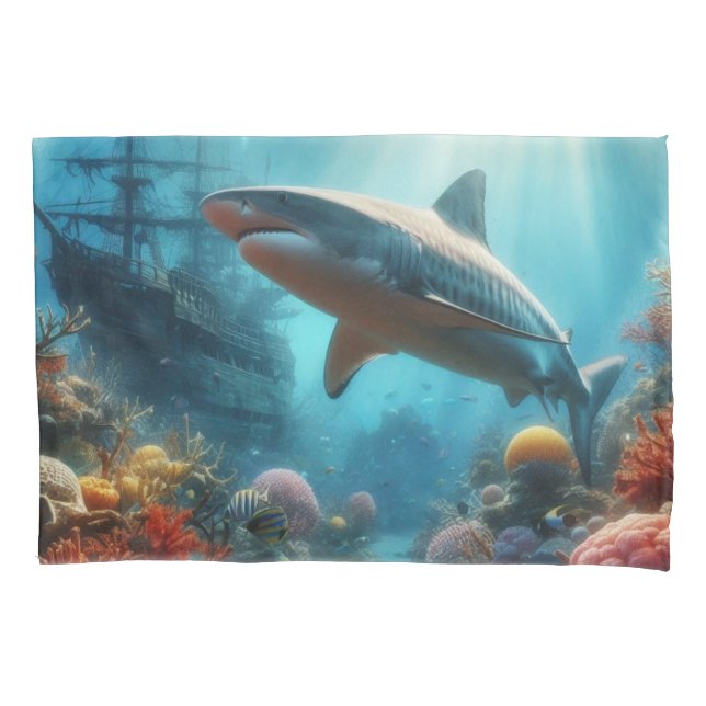 Coastal/nautical tiger shark & coral reef pillowcase (Front)
