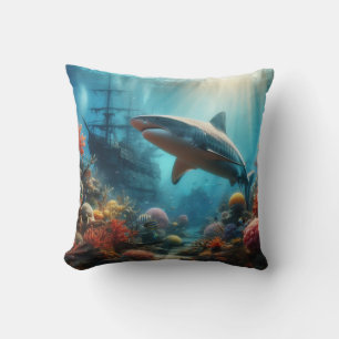 Coastal/nautical tiger shark & coral reef throw pillow