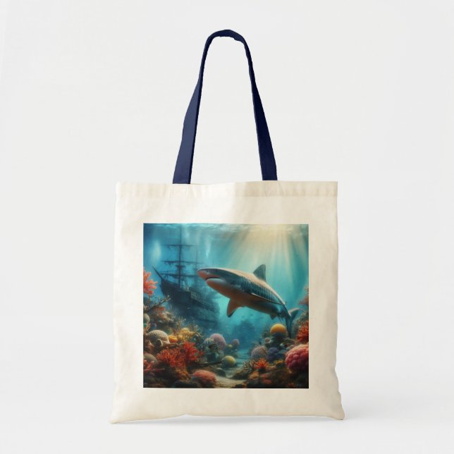 Coastal/nautical tiger shark & coral reef tote bag (Front)