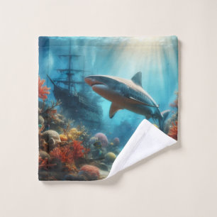 Coastal/nautical tiger shark & coral reef wash cloth