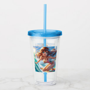 Coastal/Nautical/tropical anime surfer girl Acrylic Tumbler