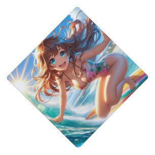 Coastal/Nautical/tropical anime surfer girl Graduation Cap Topper