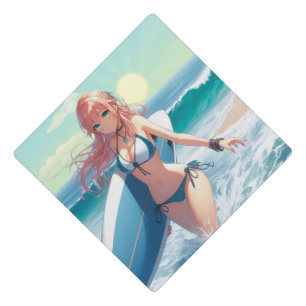 Coastal/Nautical/tropical anime surfer girl Graduation Cap Topper