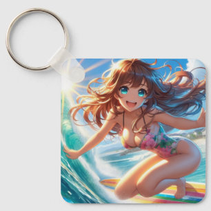 Coastal/Nautical/tropical anime surfer girl Keychain