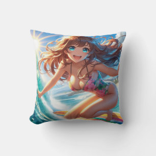 Coastal/Nautical/tropical anime surfer girl Throw Pillow