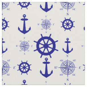 Coastal Nautical White Blue Sailing Pattern Fabric
