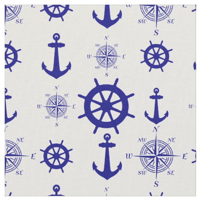 Coastal Nautical White Blue Sailing Pattern Fabric (Close Up)
