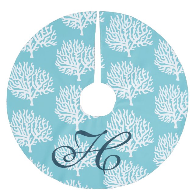 Coastal Nautical White Sea Coral Family Initial Brushed Polyester Tree Skirt (Front)