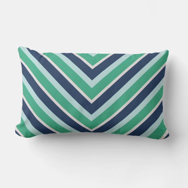 coastal navy blue and green chevron pattern lumbar pillow (Front)