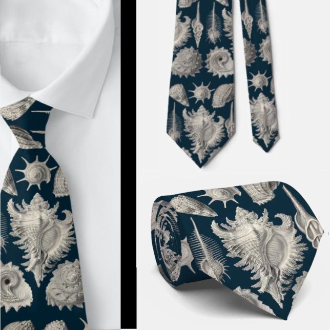 Coastal Navy Blue and White Seashells Ocean  Tie (Creator Uploaded)