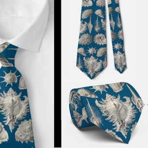 Coastal Navy Blue and White Seashells Ocean Tie