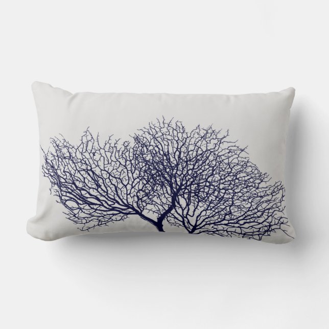 Coastal Navy Blue Grey Sea Coral Beach Lumbar Pillow (Front)