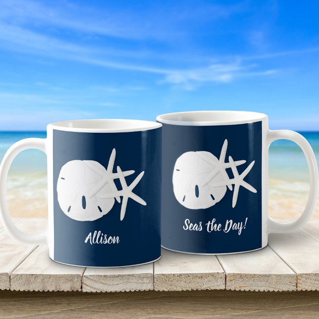 Coastal Navy Blue Seas the Day Personalized Coffee Mug (Creator Uploaded)
