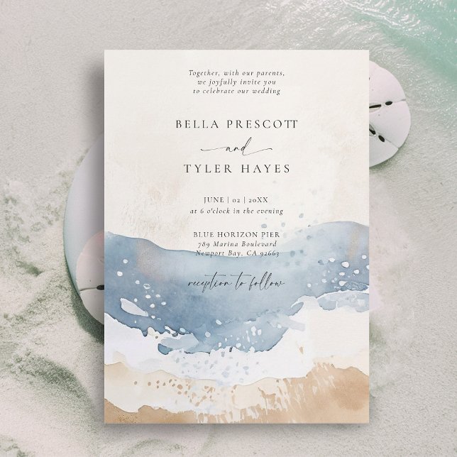 Coastal Navy Ocean Beach Wave Sand Elegant Wedding Invitation (coastal wedding invitation modern minimalist elegant beach ocean waves sand navy blue teal beige)